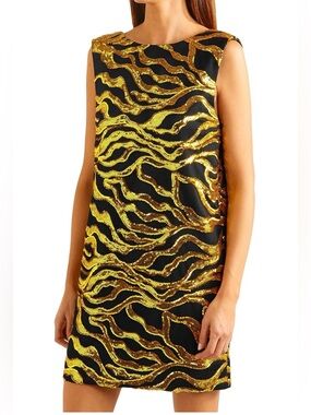 HALPERN Black Shift Dress with Gold Sequin Wave Pattern